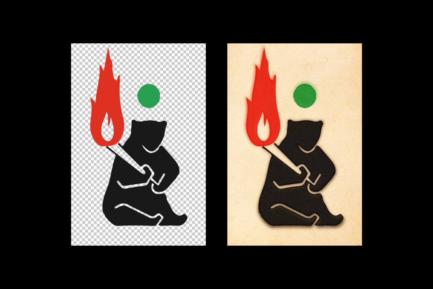 Quirky bear holding flaming torch with green circle, shown on transparent plus cream backgrounds