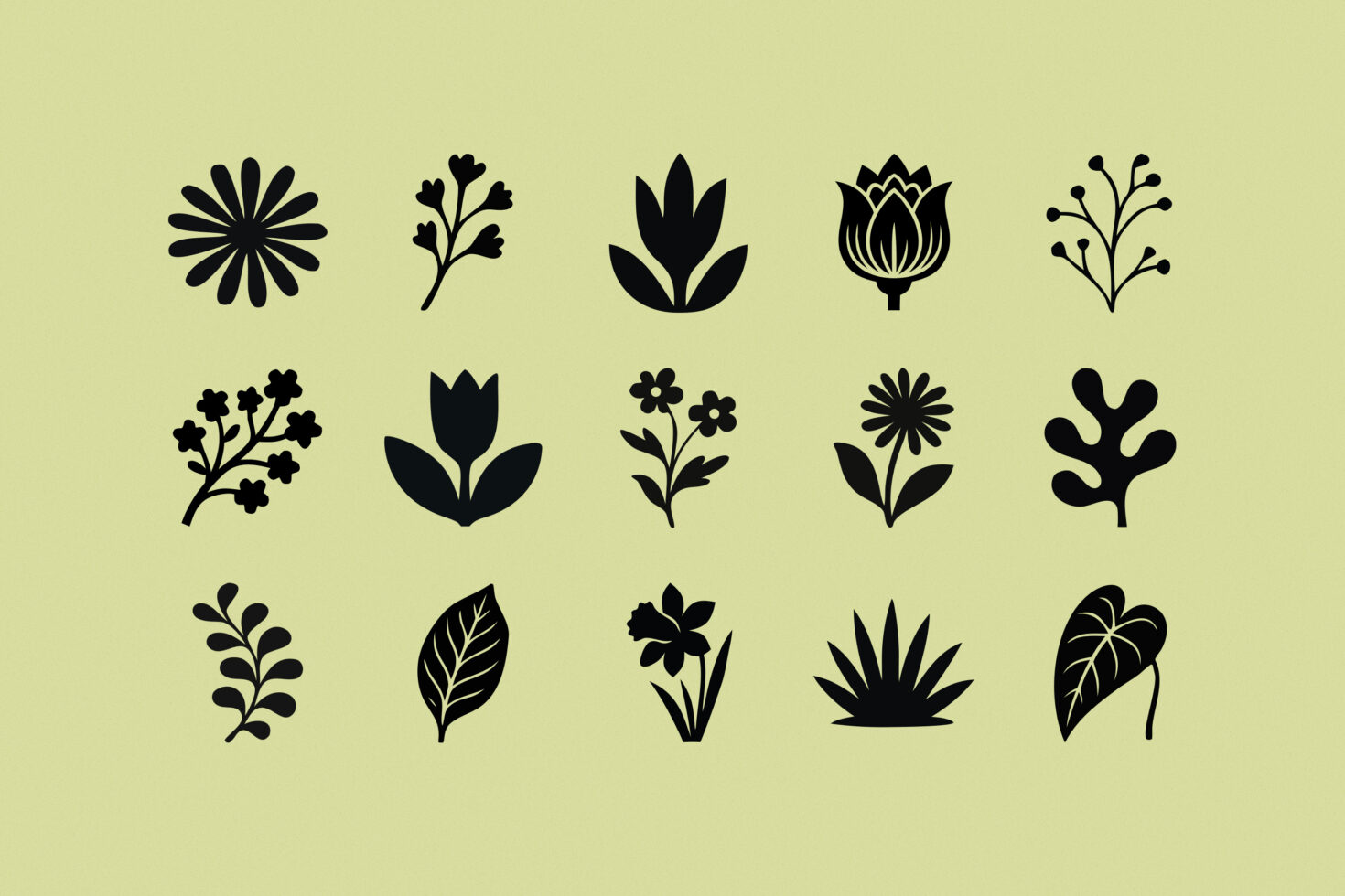 Fifteen minimalist black botanical icons on pale yellow background, includes flowers, leaves, stems, tulips