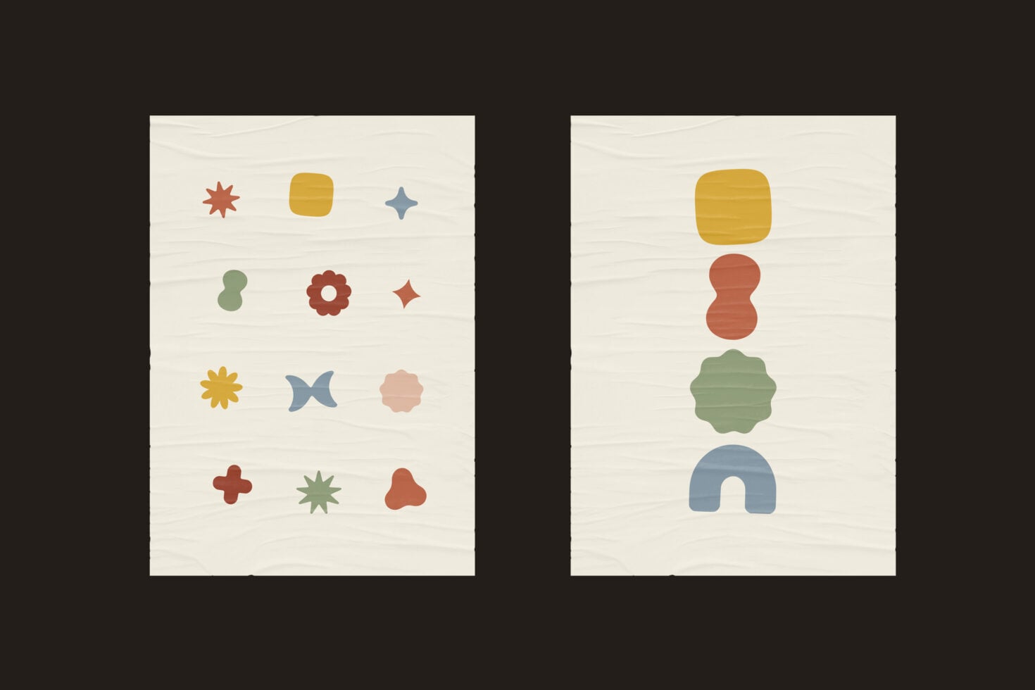 Retro shape library with stars, flowers, geometric forms in warm earth tones