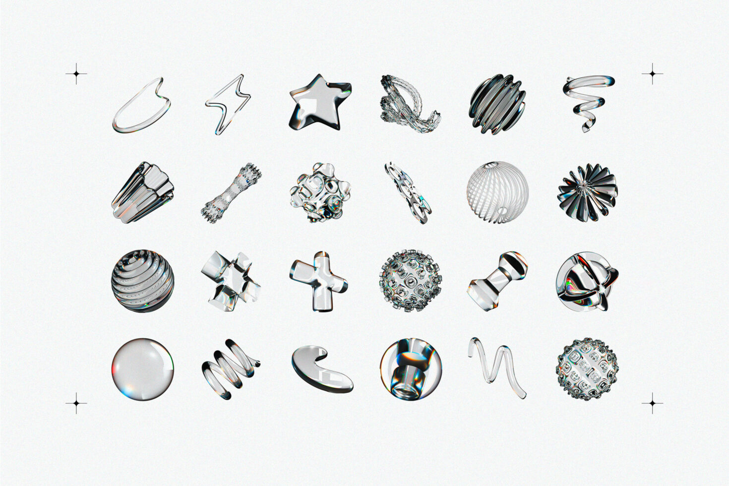 Chrome 3D abstract shapes collection with spheres, stars, ribbons, plus signs