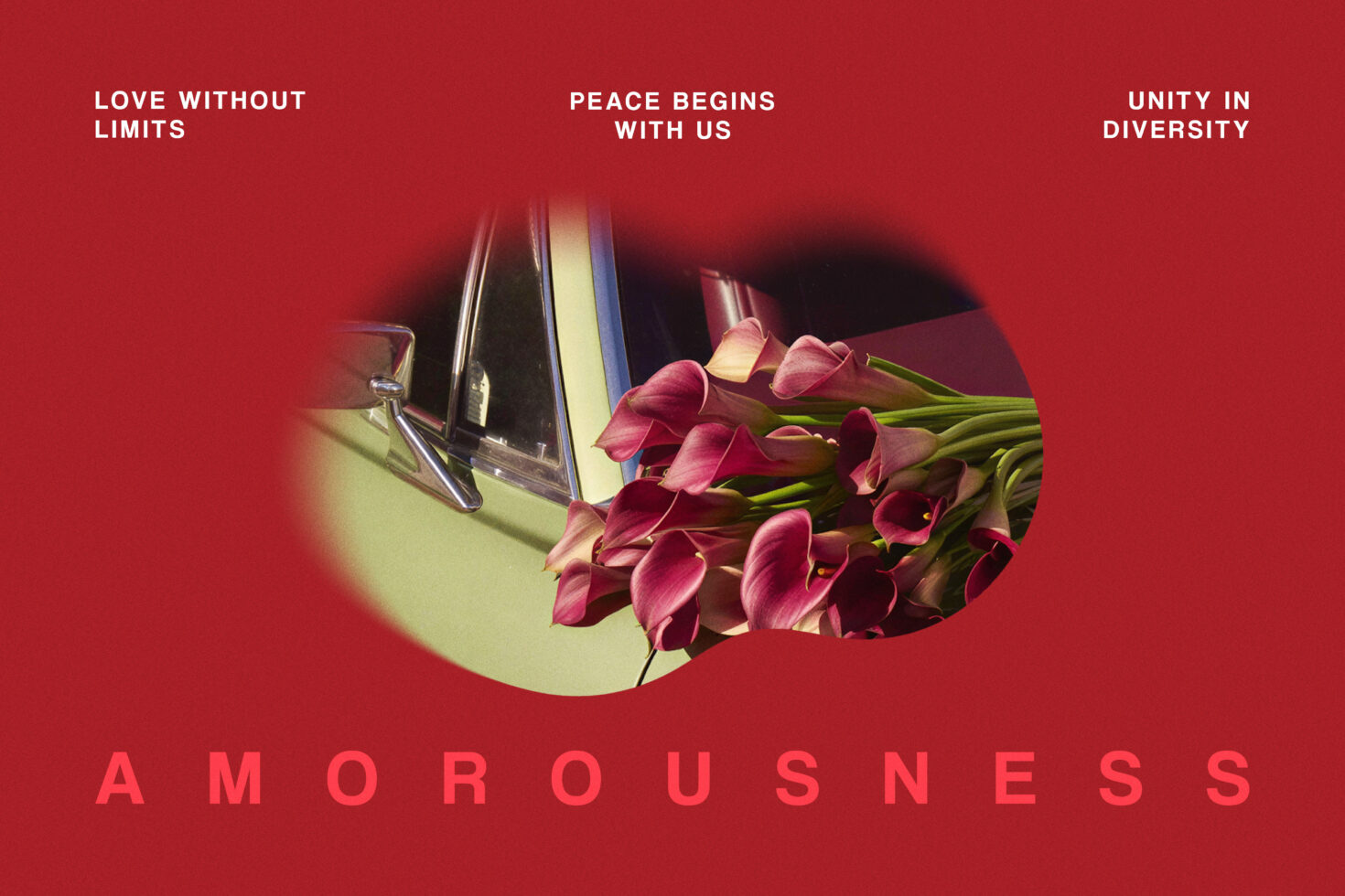 Red poster with pink tulips in circular cutout, inspirational taglines, bold typography