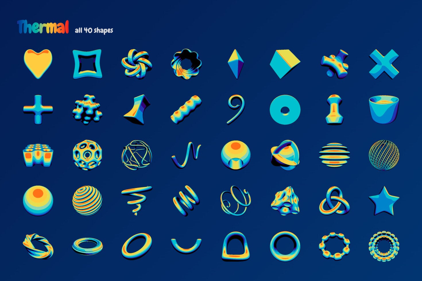 Thermal shape pack with 40 colorful 3D icons in yellow, cyan, plus gradients on dark blue