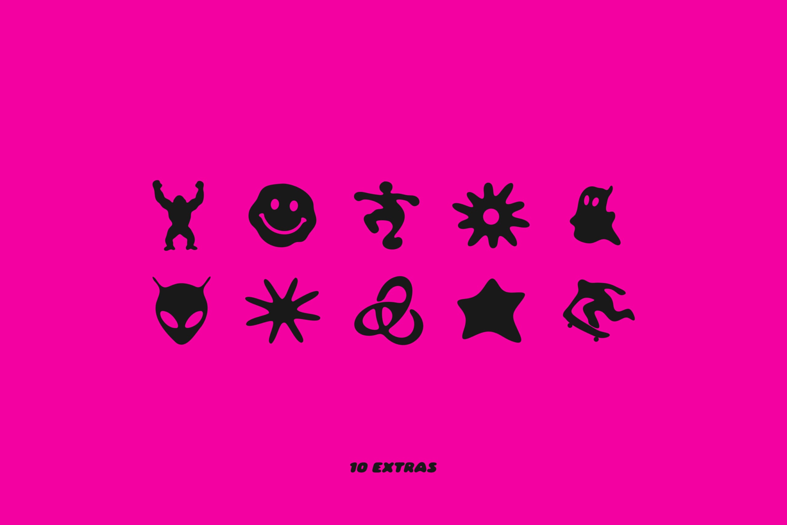 Black playful character silhouettes on hot pink background, includes smiley face, alien, star, geometric shapes