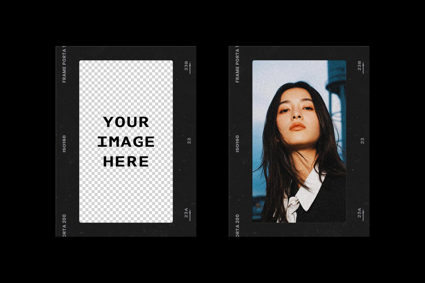 Portrait mockup showing dark frame portal with editable space for your image