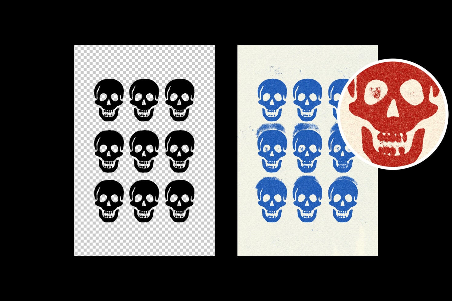 Skull icon grid on transparent background, blue skull pattern with red one highlighted in circle