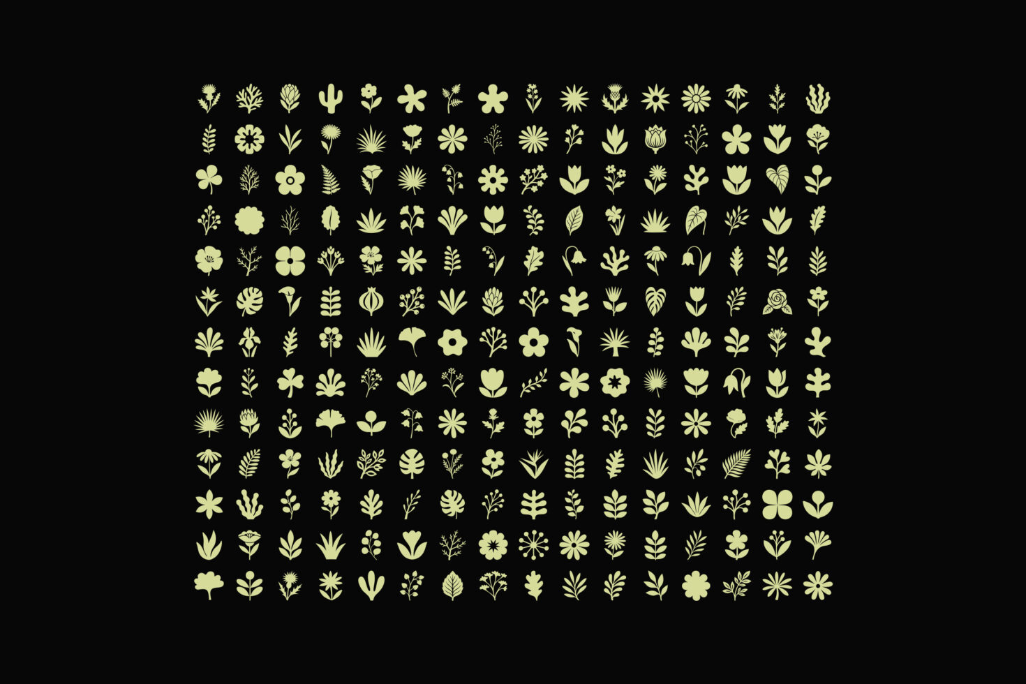 Botanical icon set with 250+ yellow flower, leaf, plus plant symbols on black background