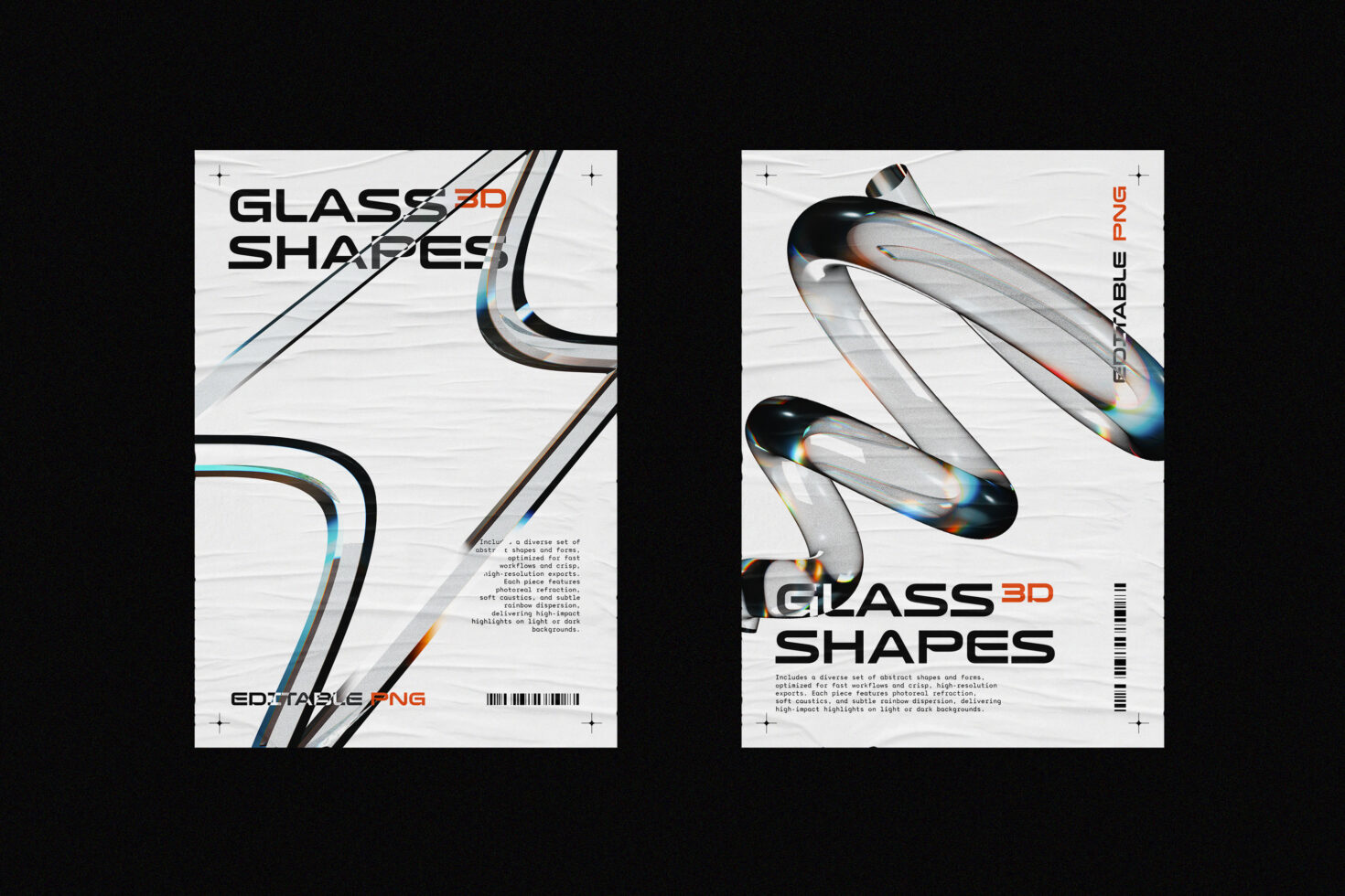 Glass 3D Shapes collection mockup with iridescent curved forms on white background