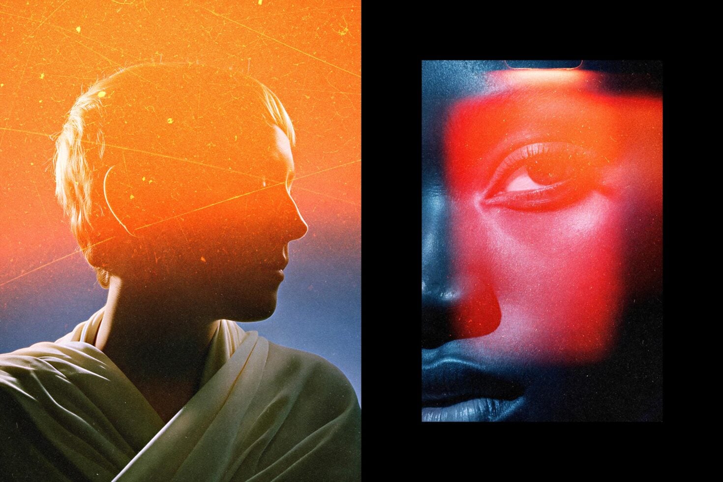 Glowing profile portraits with vibrant orange to red color grading, moody cinematic lighting