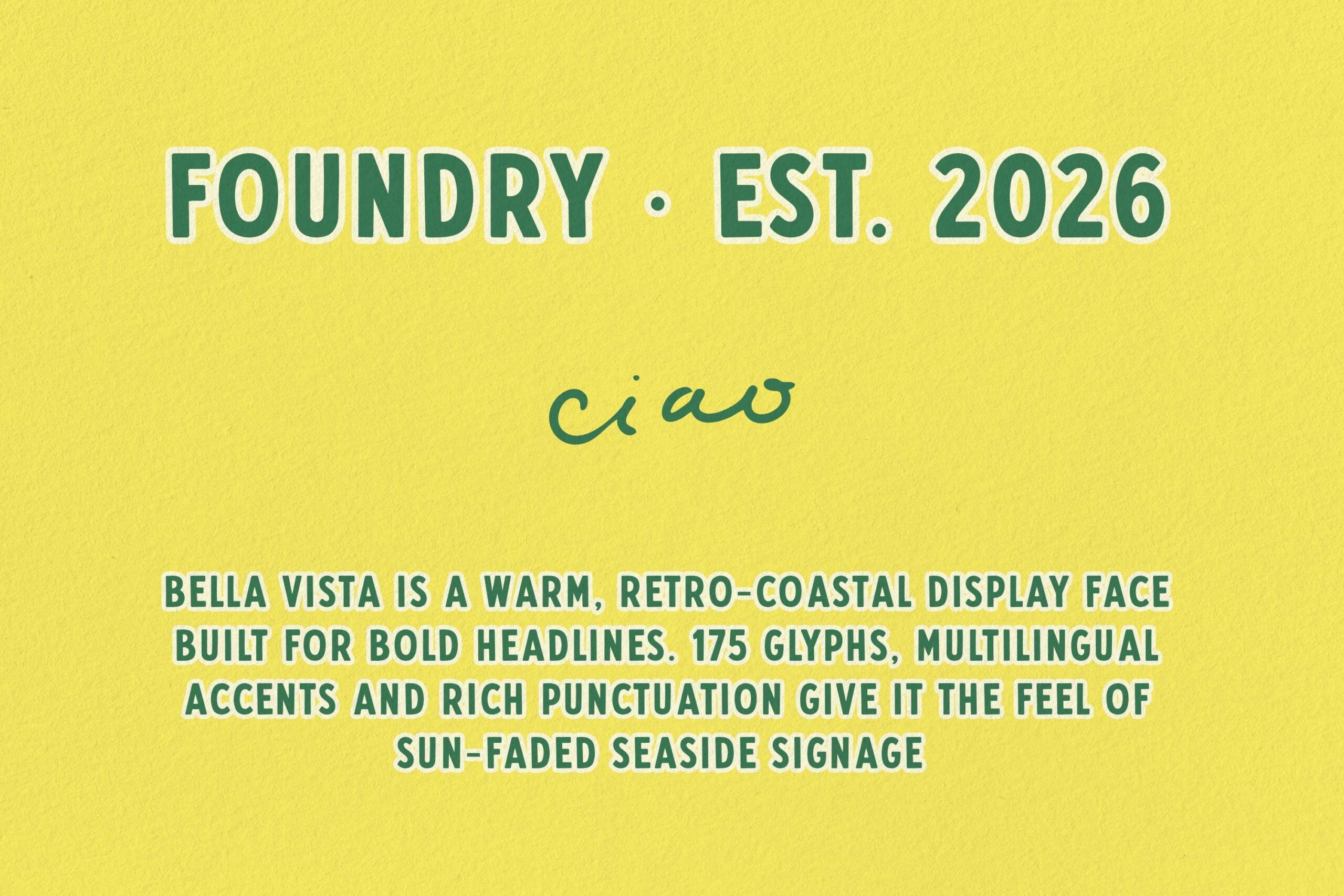 Bella Vista font display on bright yellow background with retro coastal vibes