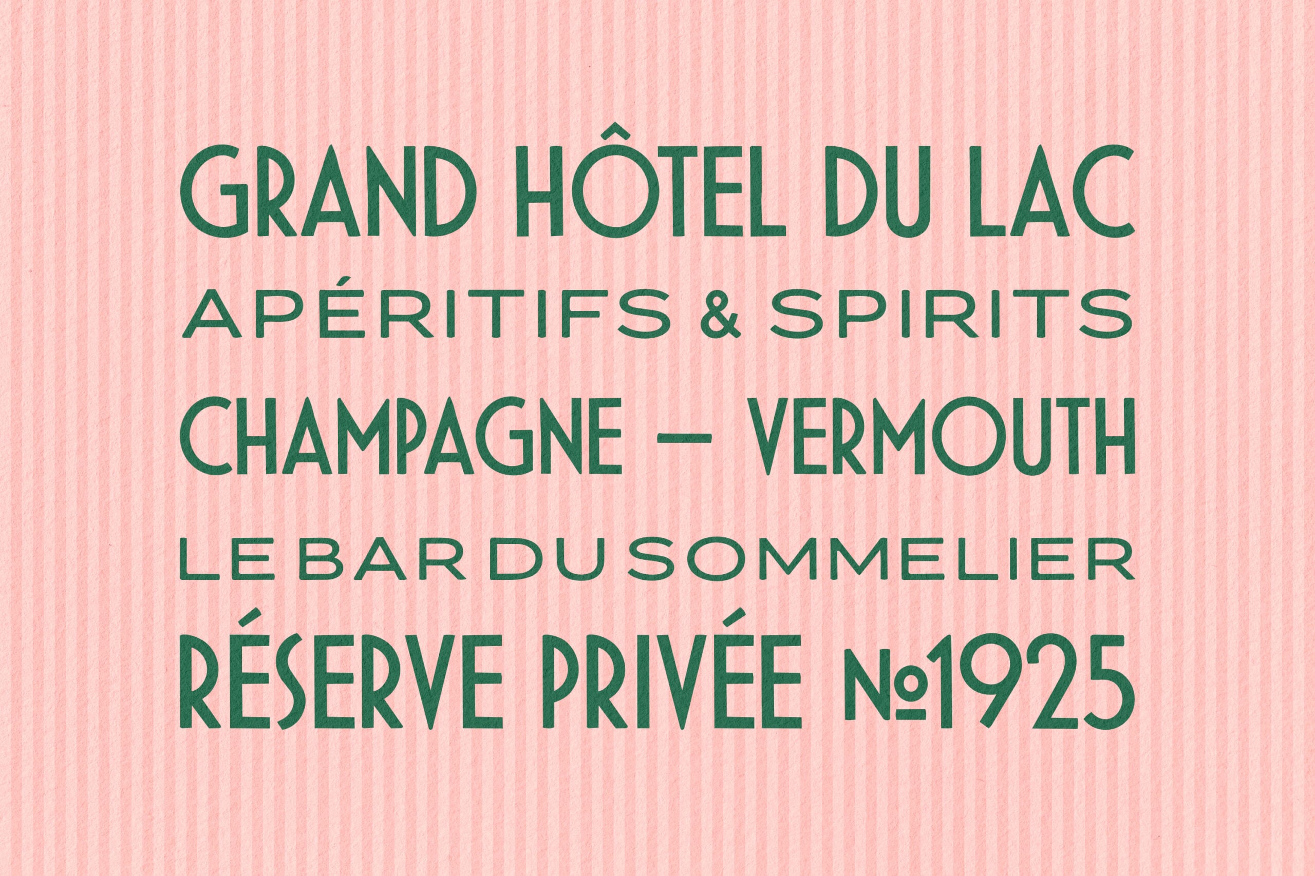 Vintage French hotel bar menu in forest green text on soft pink striped background