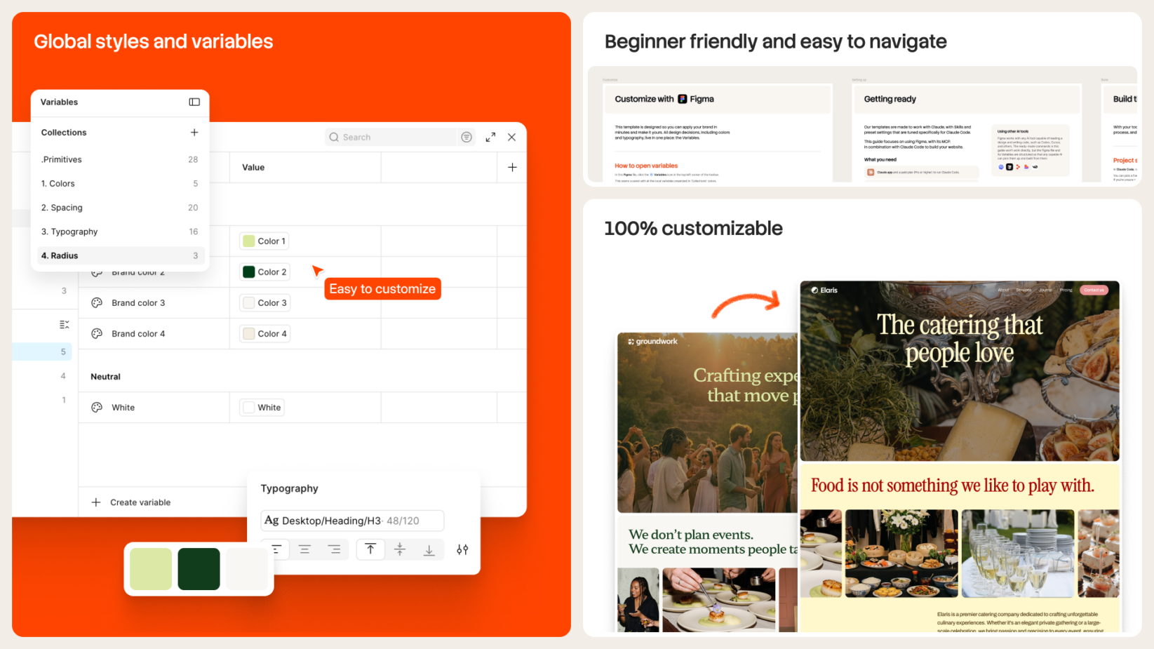 Figma design system template with global color, spacing, typography variables on orange background