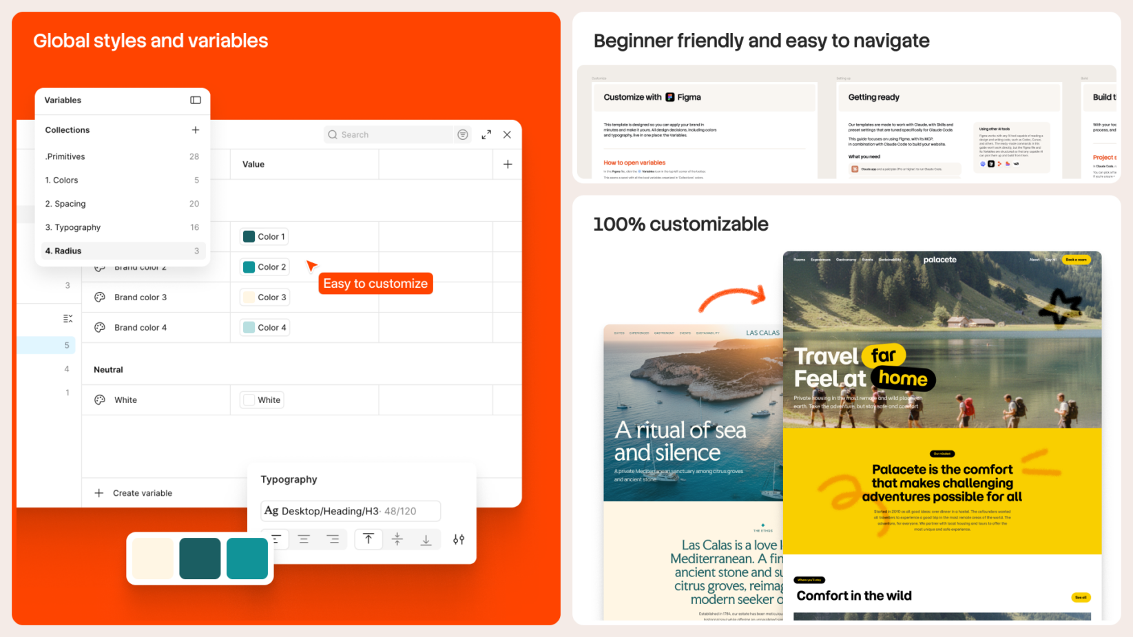 Figma design system mockup showing global styles, variables, color palettes, typography with customizable components displayed on right
