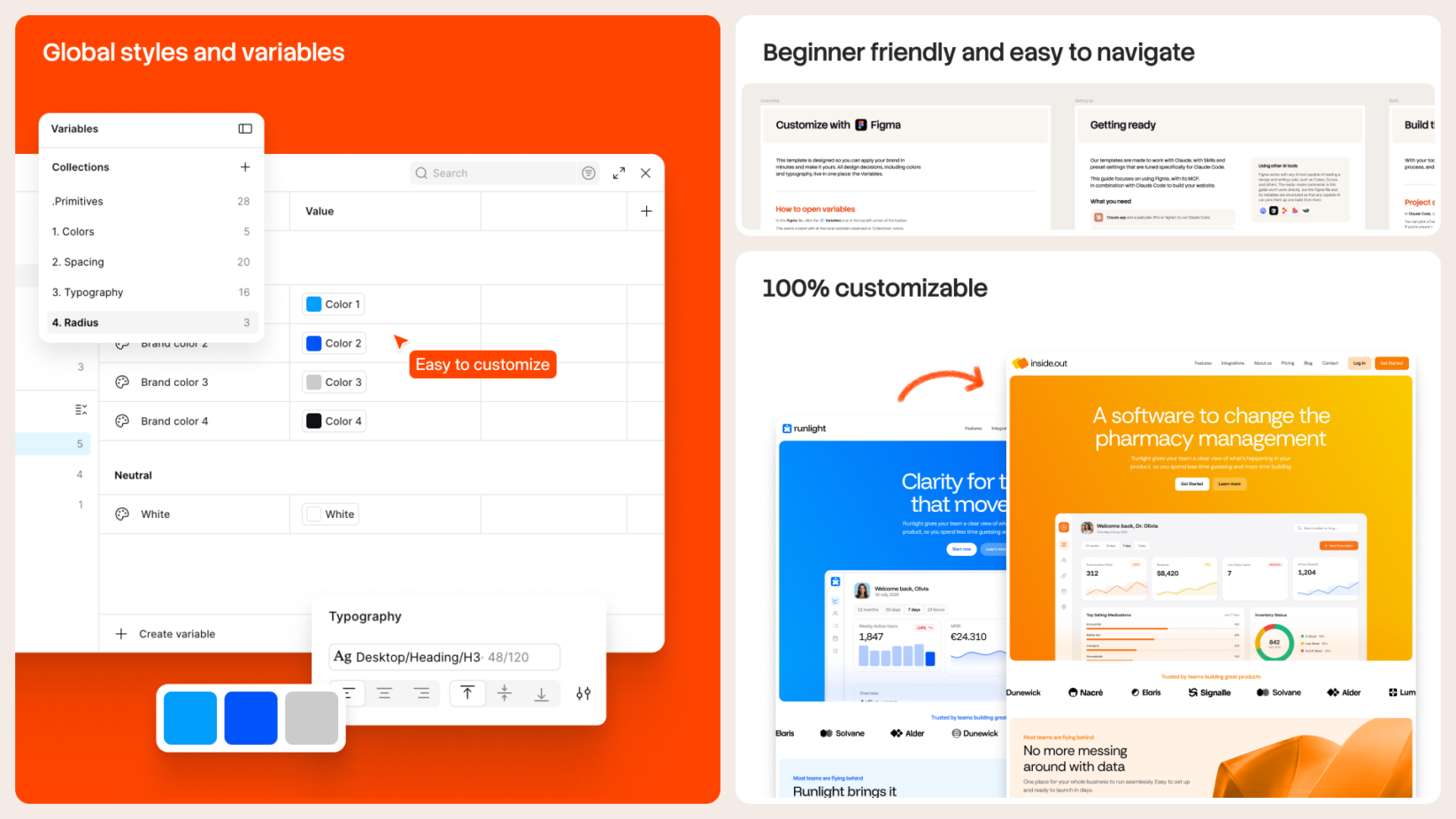 Figma design system showing color variables, spacing, typography tokens with live customization examples