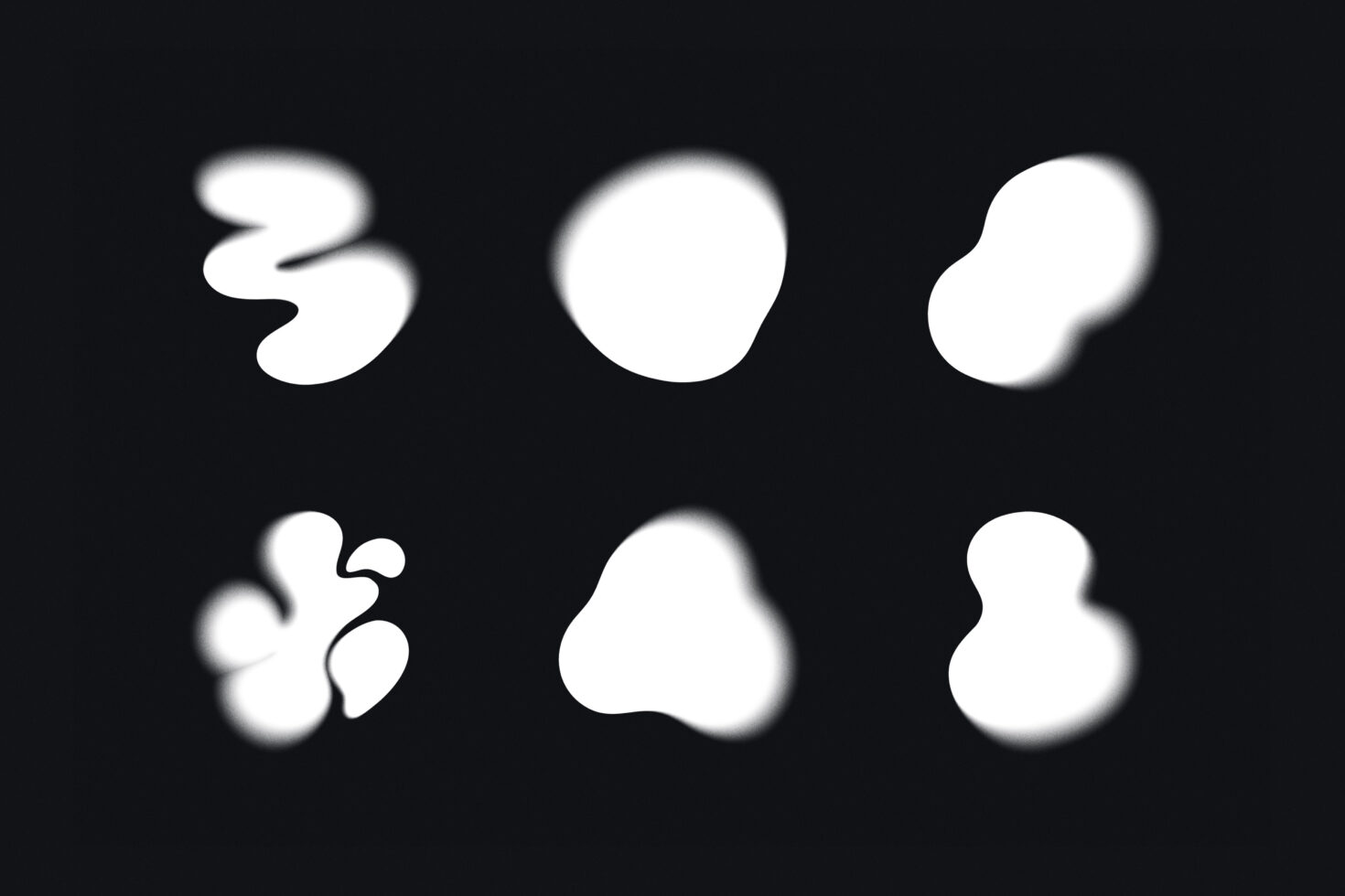 Soft blurred white organic shapes on black background, six different blob forms