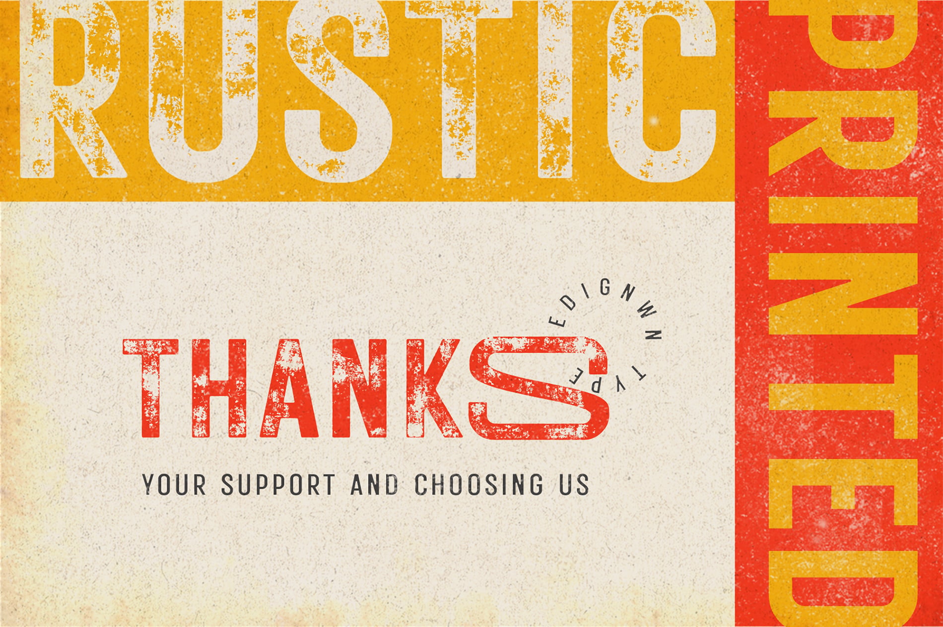 Retro thank you card mockup with distressed red type on cream, bold yellow header, vintage vibes