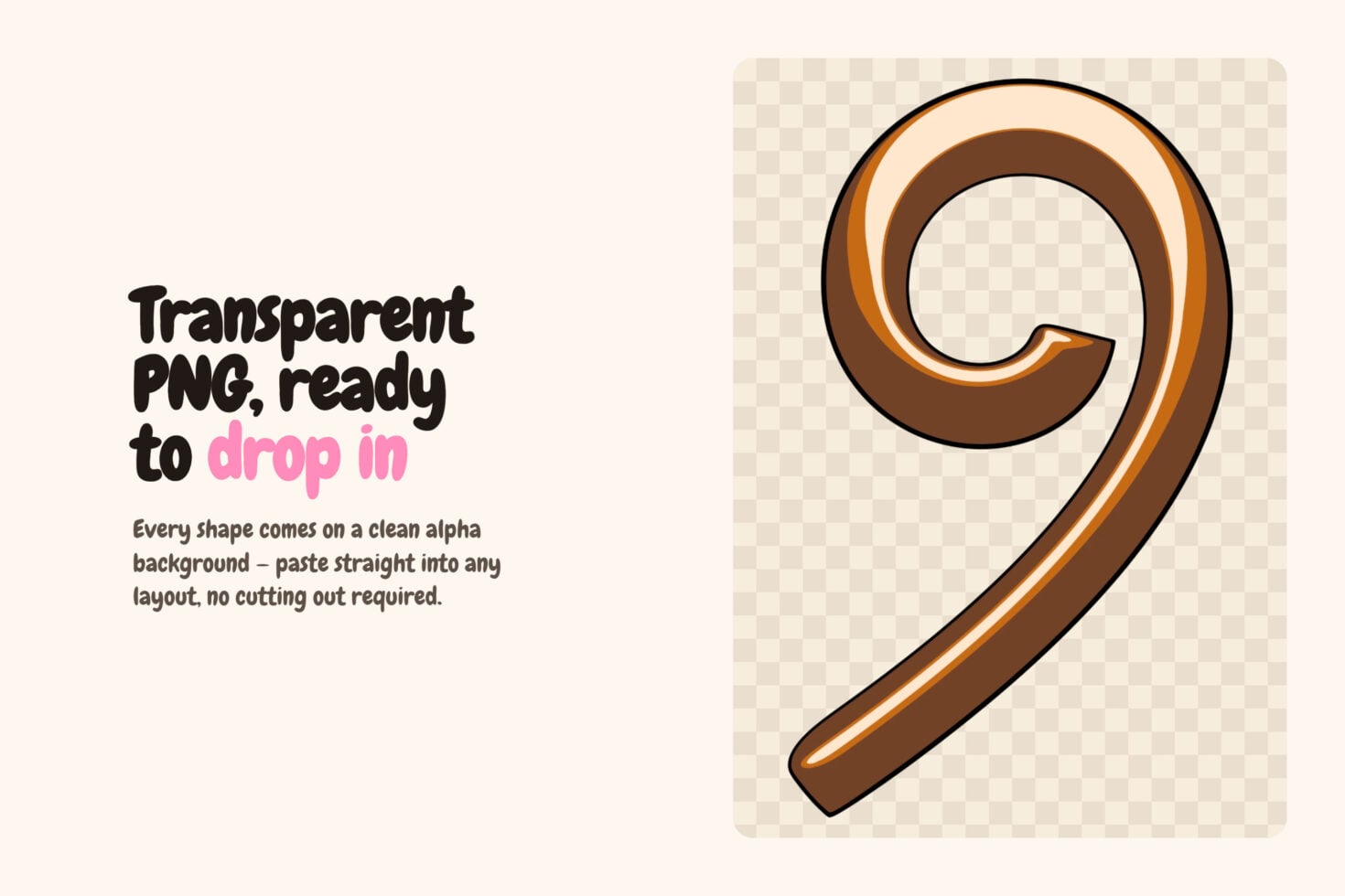 Chunky number 9 graphic with orange stroke on transparent background ready to paste