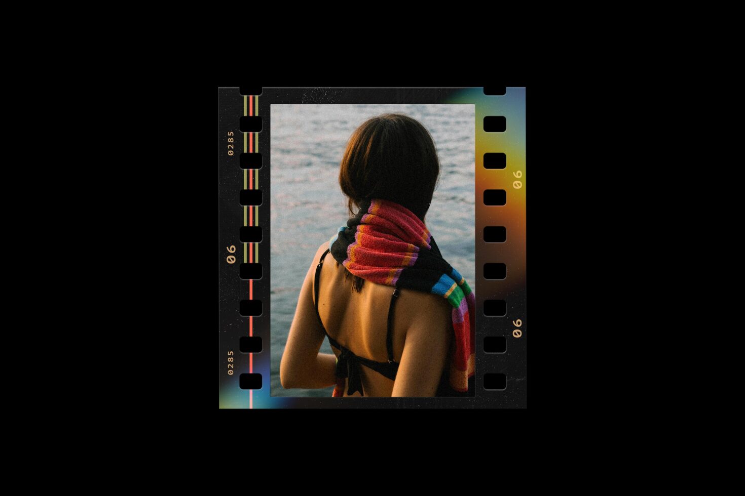 Film strip frame mockup with person looking at ocean, rainbow scarf, gradient border
