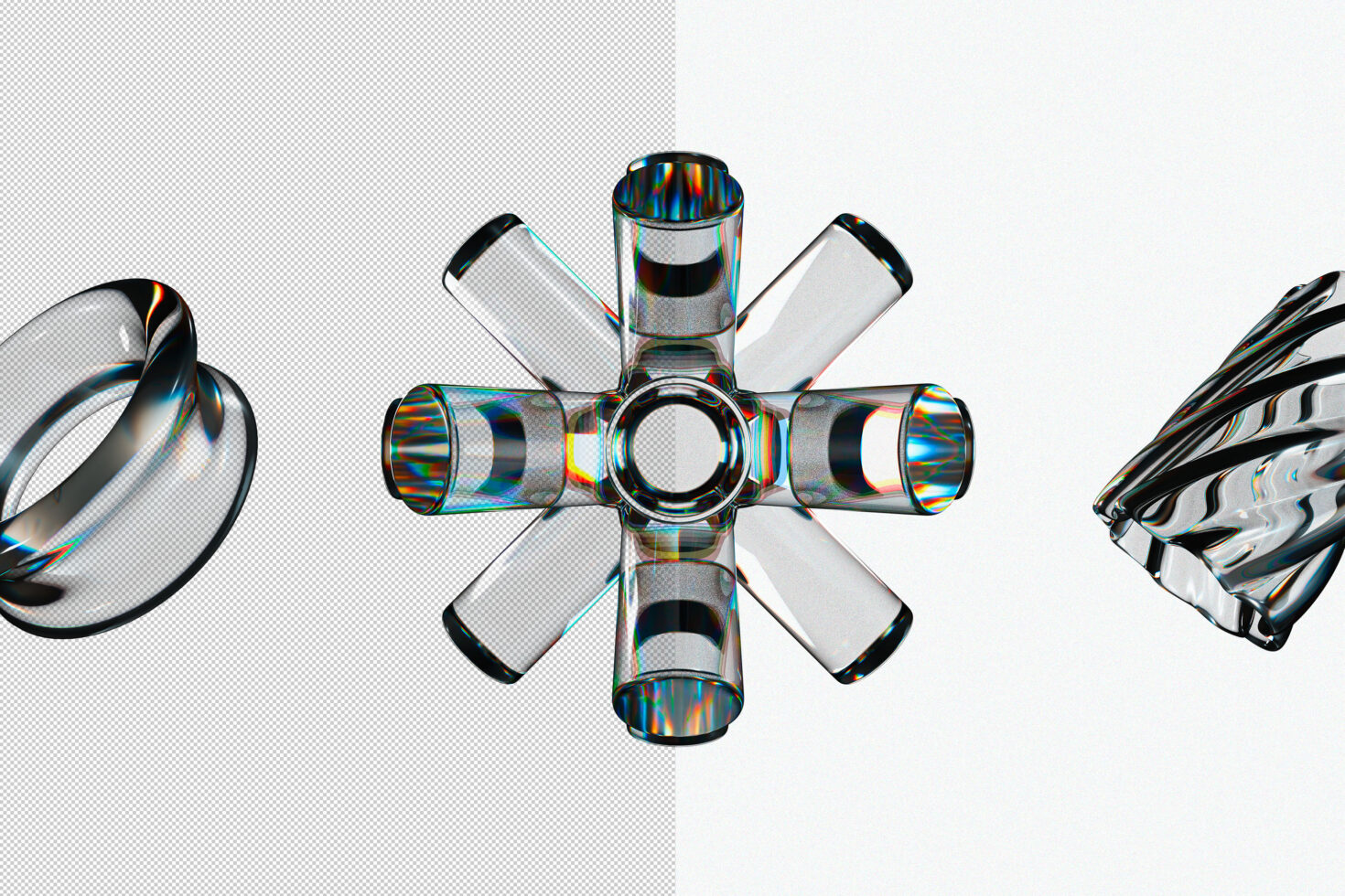 Glass pipes with holographic chrome effect on transparent background
