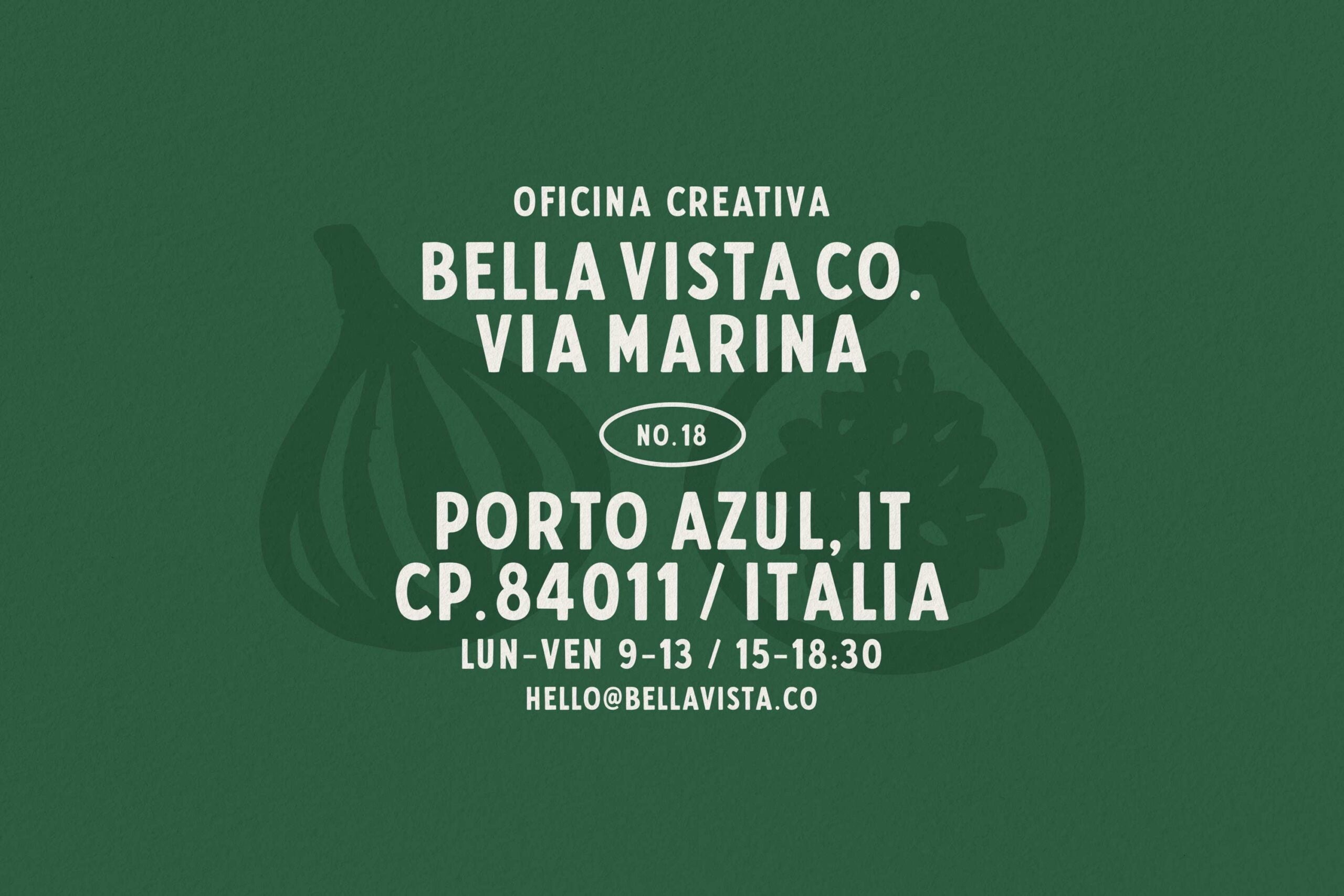 Cream text on sage green background showing Bella Vista Co creative studio address, hours, email with botanical leaf shapes