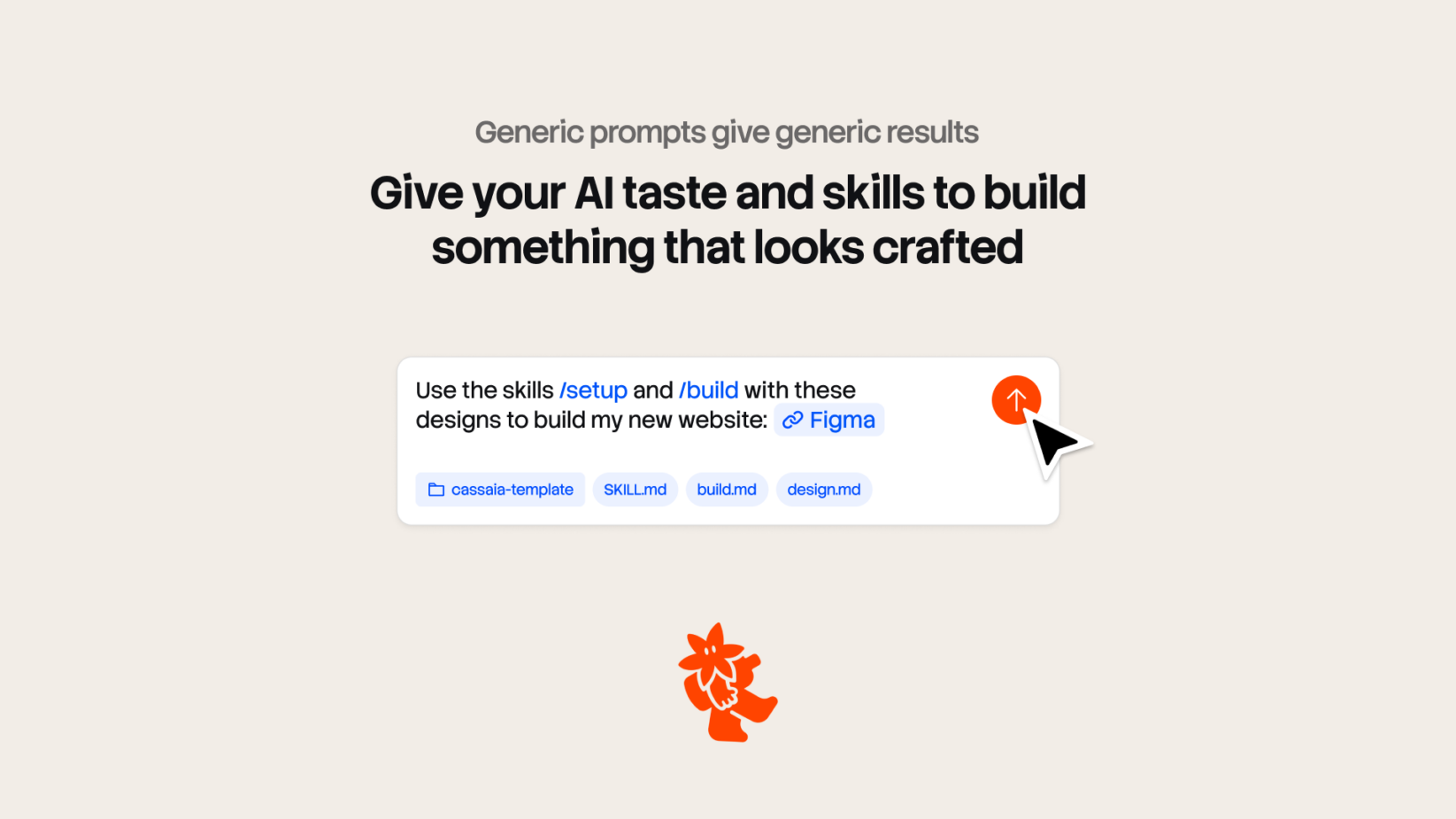 Prompt library card showing setup, build, design workflow with Figma link plus orange doodle