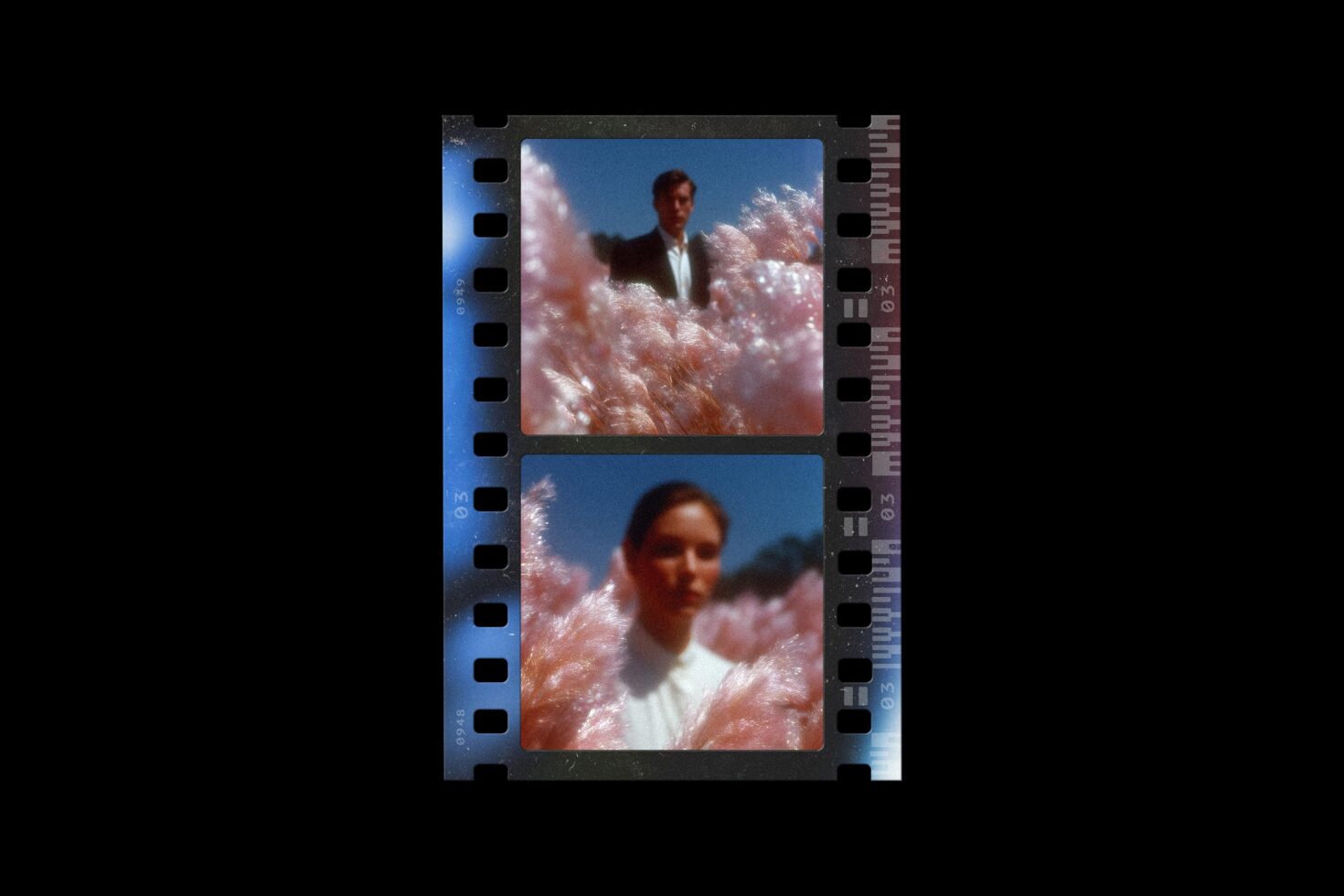Film strip mockup with two portrait frames showing dreamy cloud scenes with people