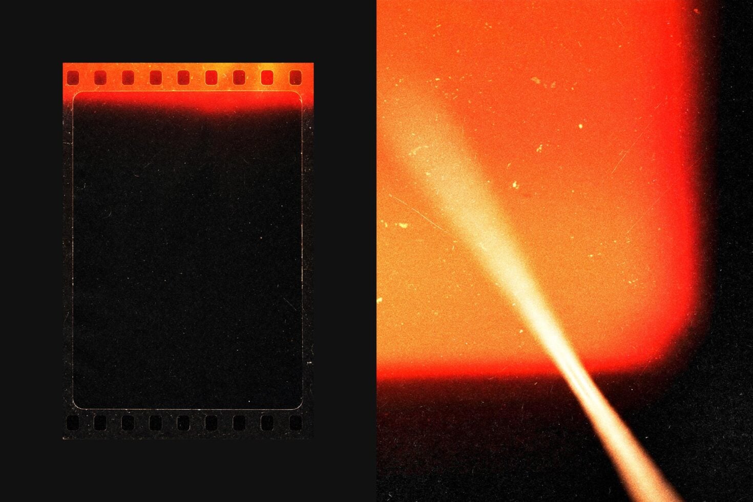 Neon red light leak on film strip mockup with gritty texture overlay