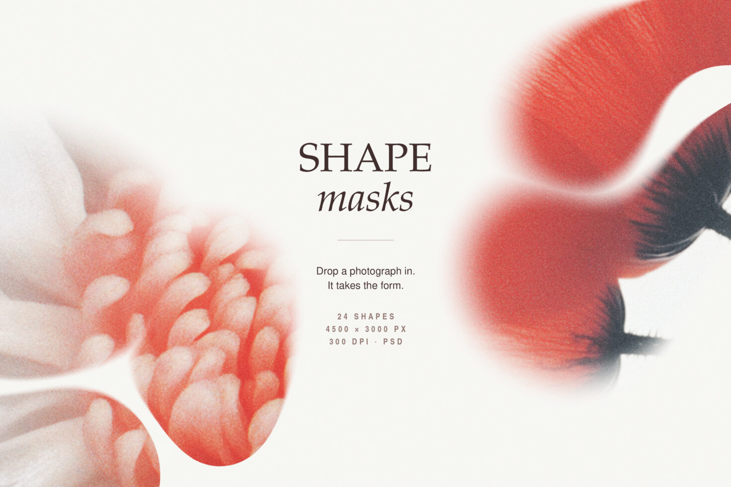Shape masks mockup with soft red organic forms, 24 editable shapes in PSD format