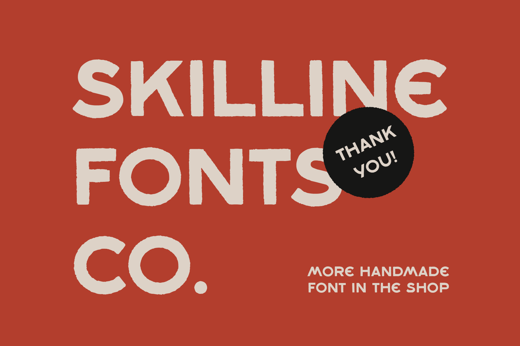 Skilline Fonts Co branding mockup with cream letters on rust red background, black circle badge