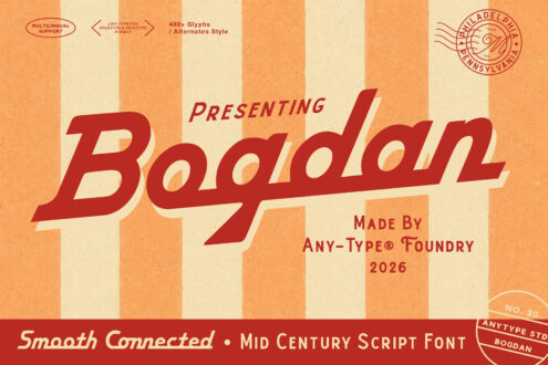 Bogdan retro script font with striped orange cream background, vintage foundry aesthetic