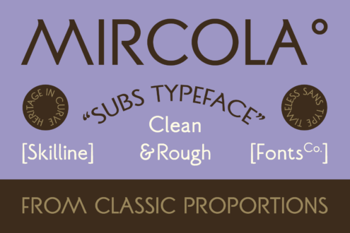 Mircola typeface with clean, rough subs variants on lavender background with brown accents