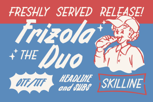 Retro poster layout with "Frizzola the Duo" in bold italics, vintage illustration, red plus blue colorway