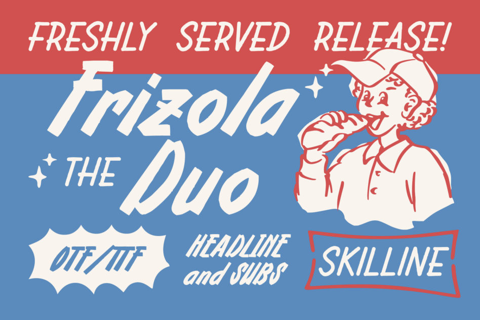 Retro poster layout with "Frizzola the Duo" in bold italics, vintage illustration, red plus blue colorway