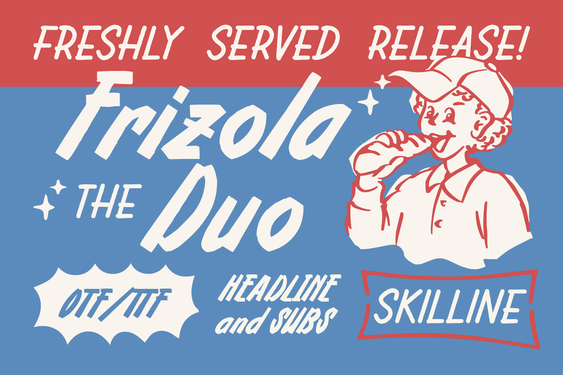 Retro poster layout with "Frizzola the Duo" in bold italics, vintage illustration, red plus blue colorway