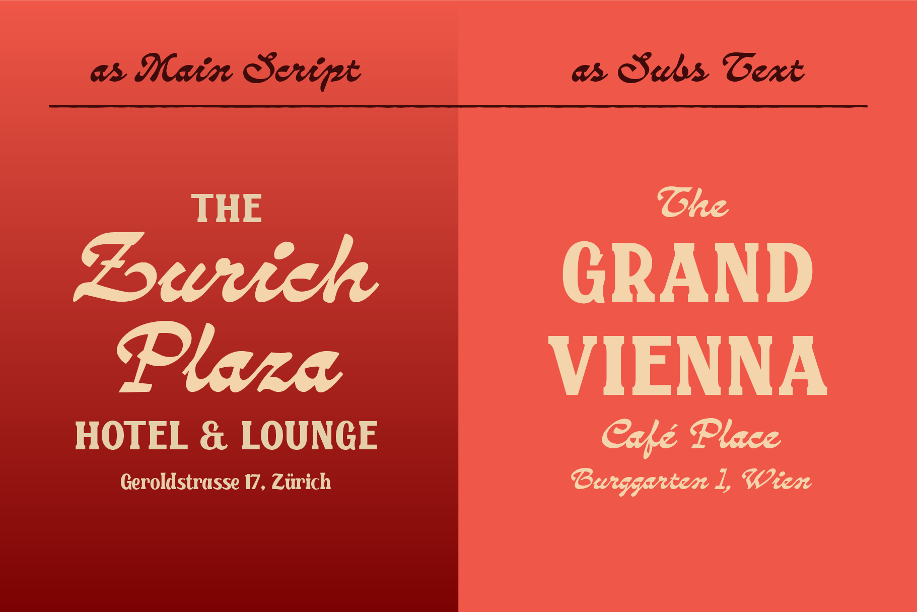 Vintage hotel typography layouts showing serif script as main text with sans serif subtitles on red background