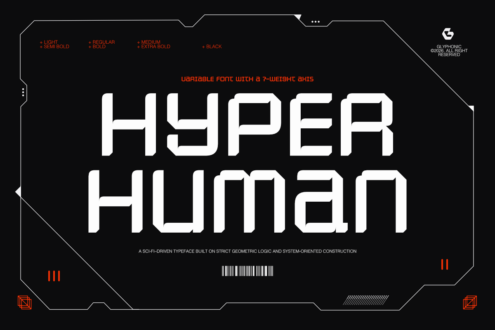 Hyper Human typeface cover showing bold white text against dark tech-inspired frame design