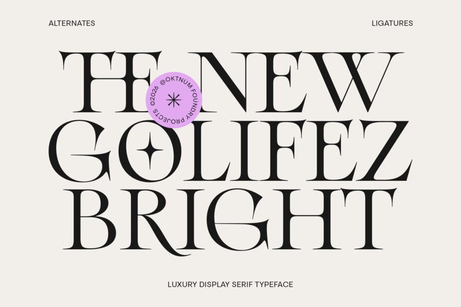 Luxury serif typeface with alternates, ligatures, decorative stars, plus purple circle badge on cream background