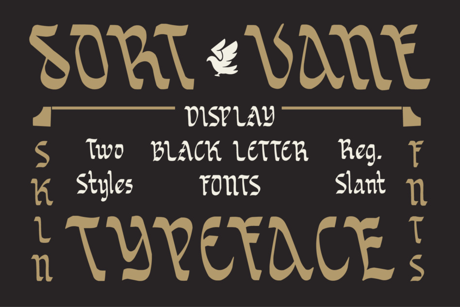 Sort Dame display typeface with two black letter font styles in regular slant