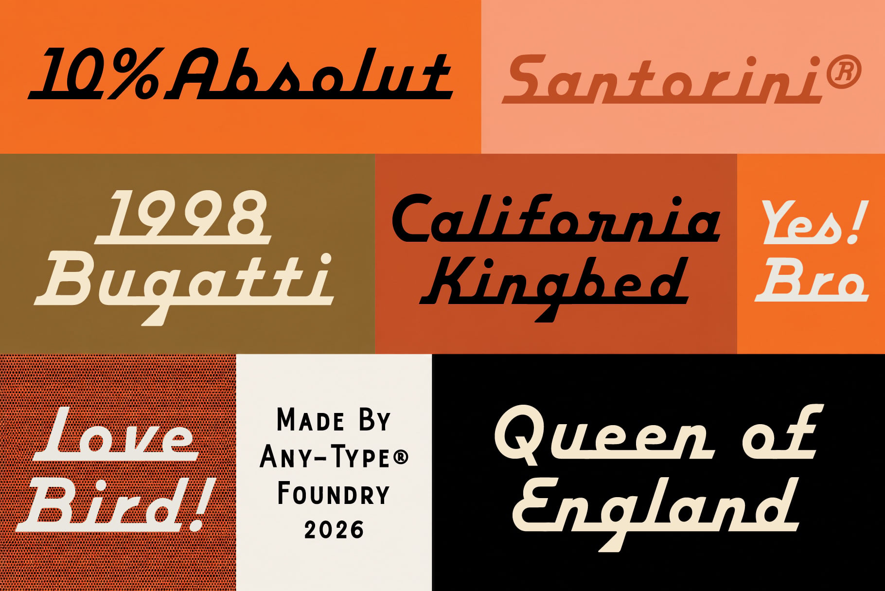 Font pairing mood board showing 10% Absolut, Santorini, 1998 Bugatti, California Kingbed, Yes Bro, Love Bird, Any-Type Foundry, Queen of England in retro color blocks