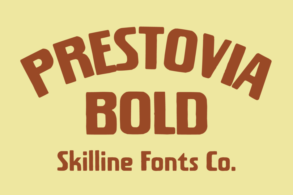 Prestovia Bold font in rust brown on cream background with vintage vibes