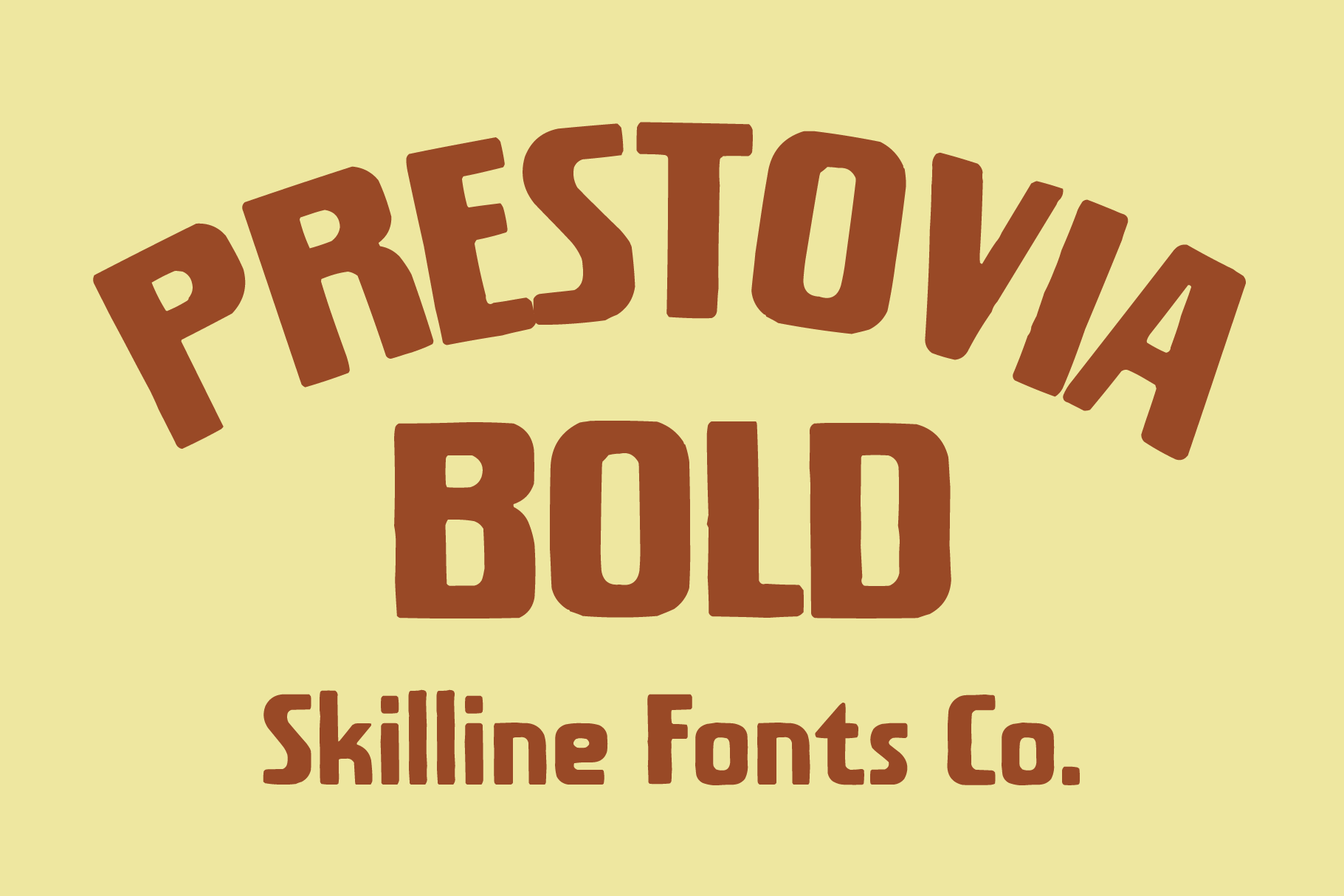 Prestovia Bold font in rust brown on cream background with vintage vibes