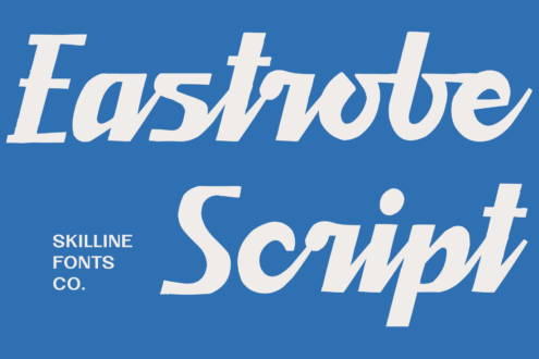 Eastside Script italic font in cream on bright blue with Skilline Fonts Co. branding