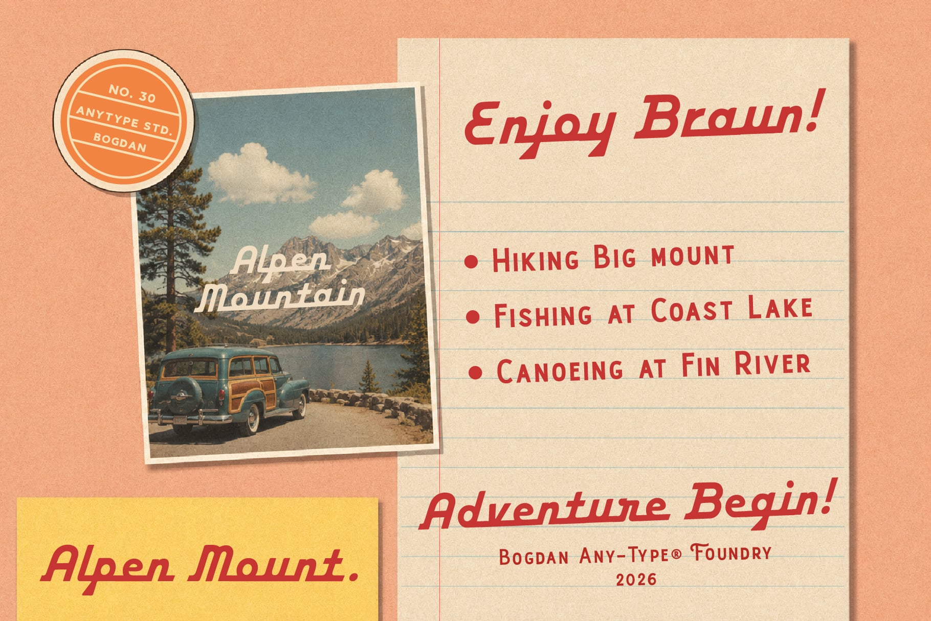 Vintage travel postcard mockup with retro wood-paneled car, mountain lake, hiking itinerary list, orange badge sticker on peachy background