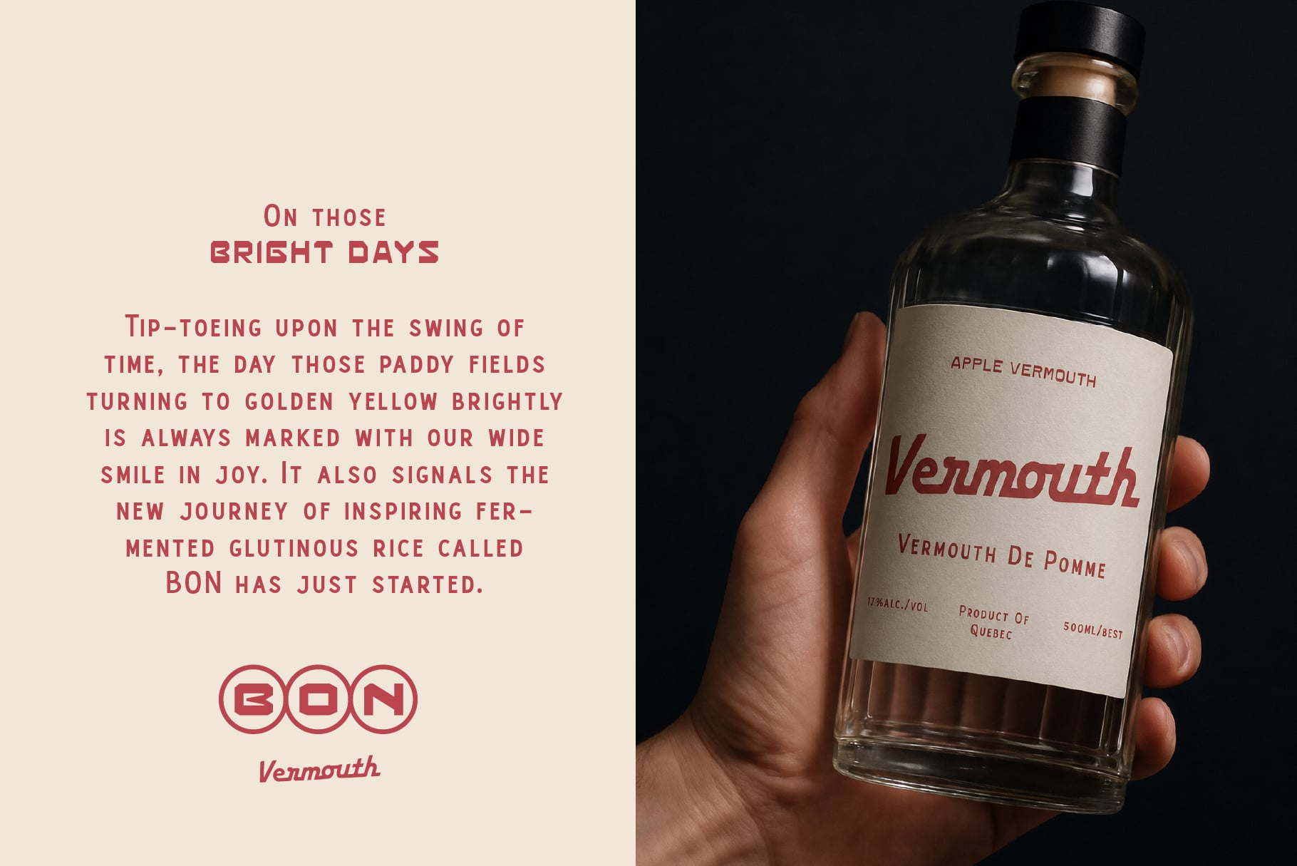 Hand holding apple vermouth bottle with cream label on dark background, beige side panel with red text
