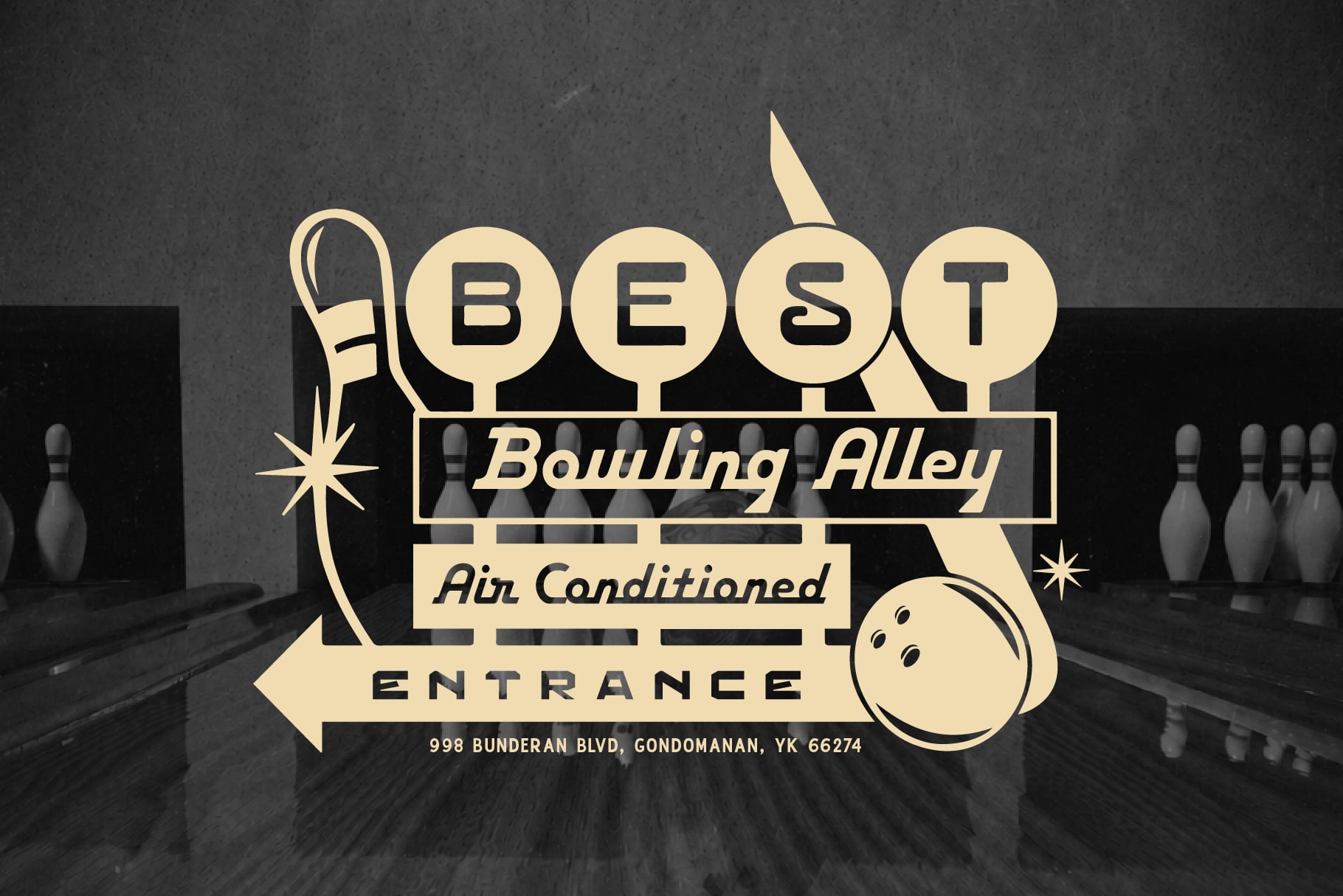 Vintage bowling alley neon sign mockup with cream lettering on dark textured background