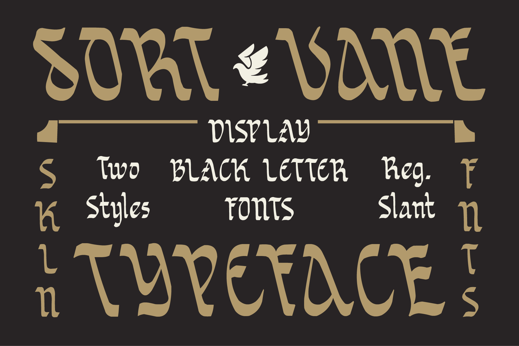 Sort Dame display typeface with two black letter font styles in regular slant