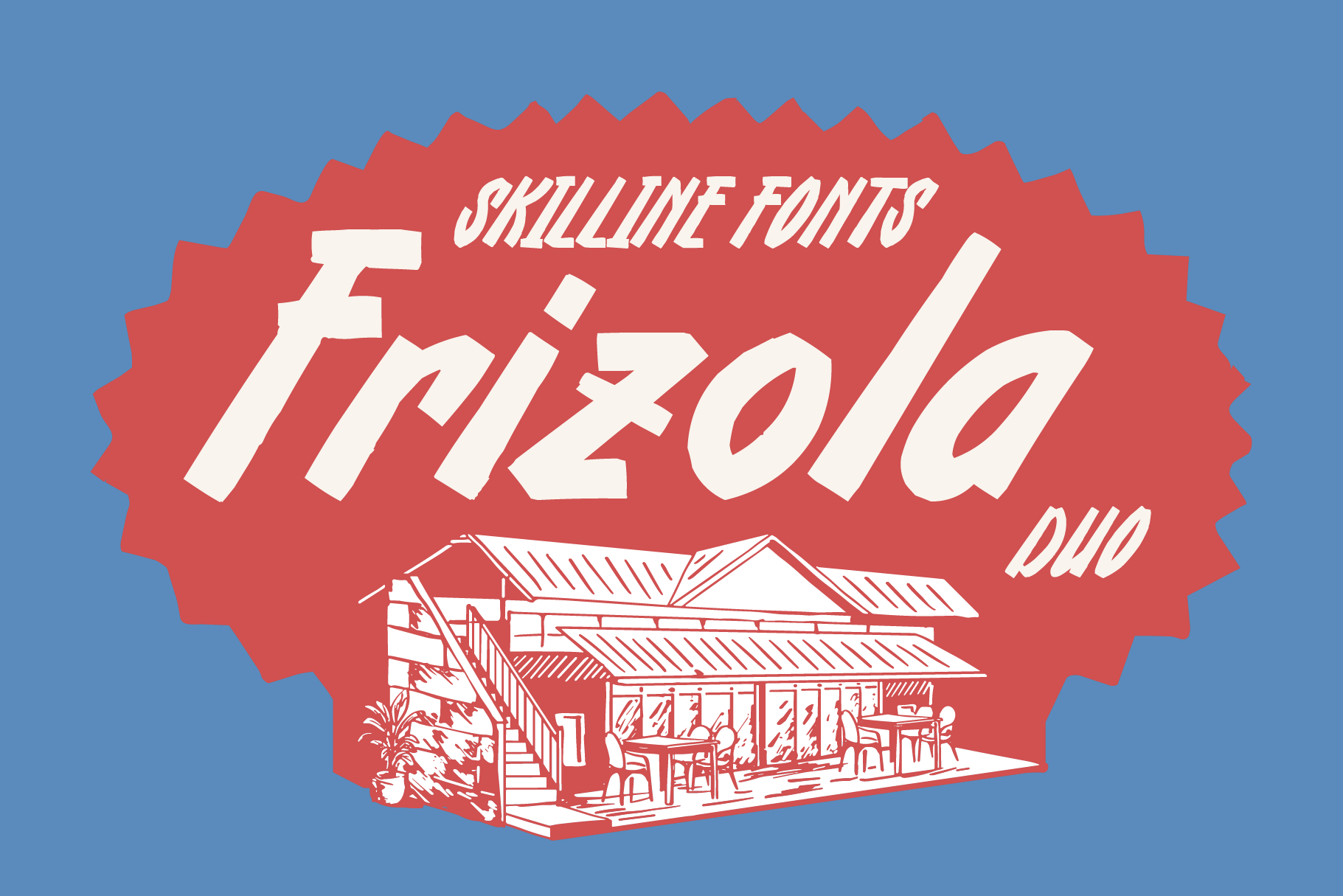 Skilline Fonts Frizzola Duo italic typeface displayed on red badge with sketch illustration of modern house