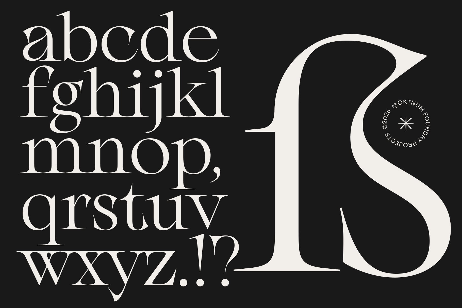 Elegant serif font with full alphabet on dark background, designer credit stamp visible