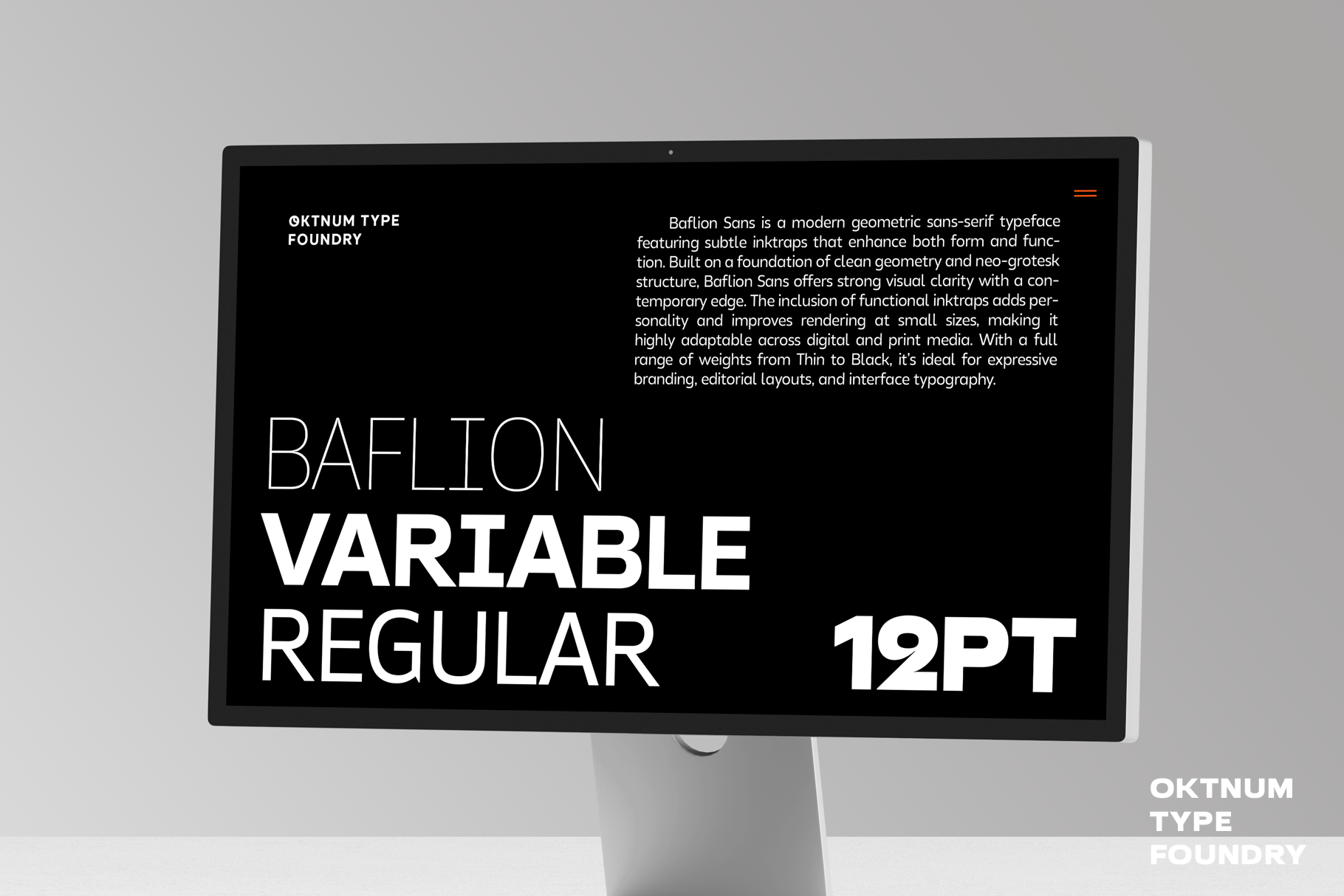 Baflion Variable font displayed on desktop monitor with type specs, geometric sans-serif typeface showcase
