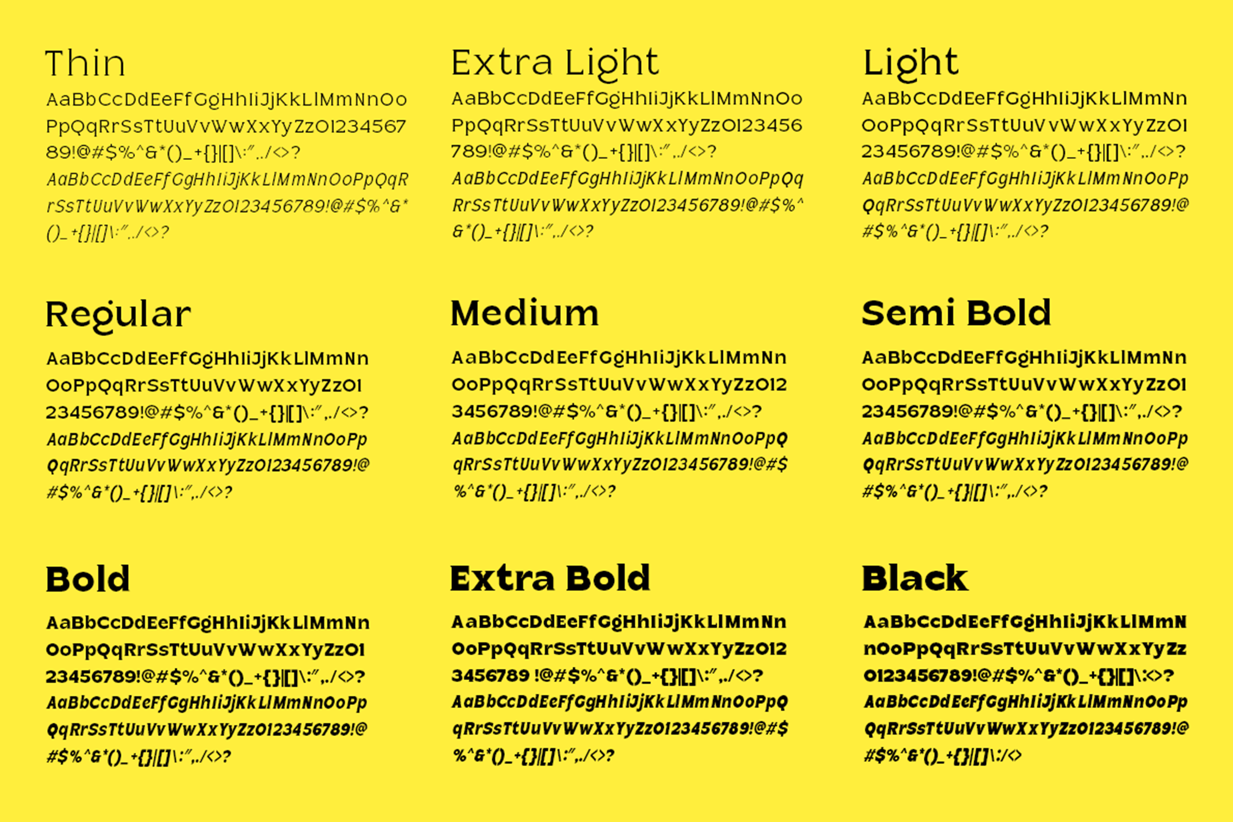 Font weight specimen showing nine variations from thin to black on bright yellow background