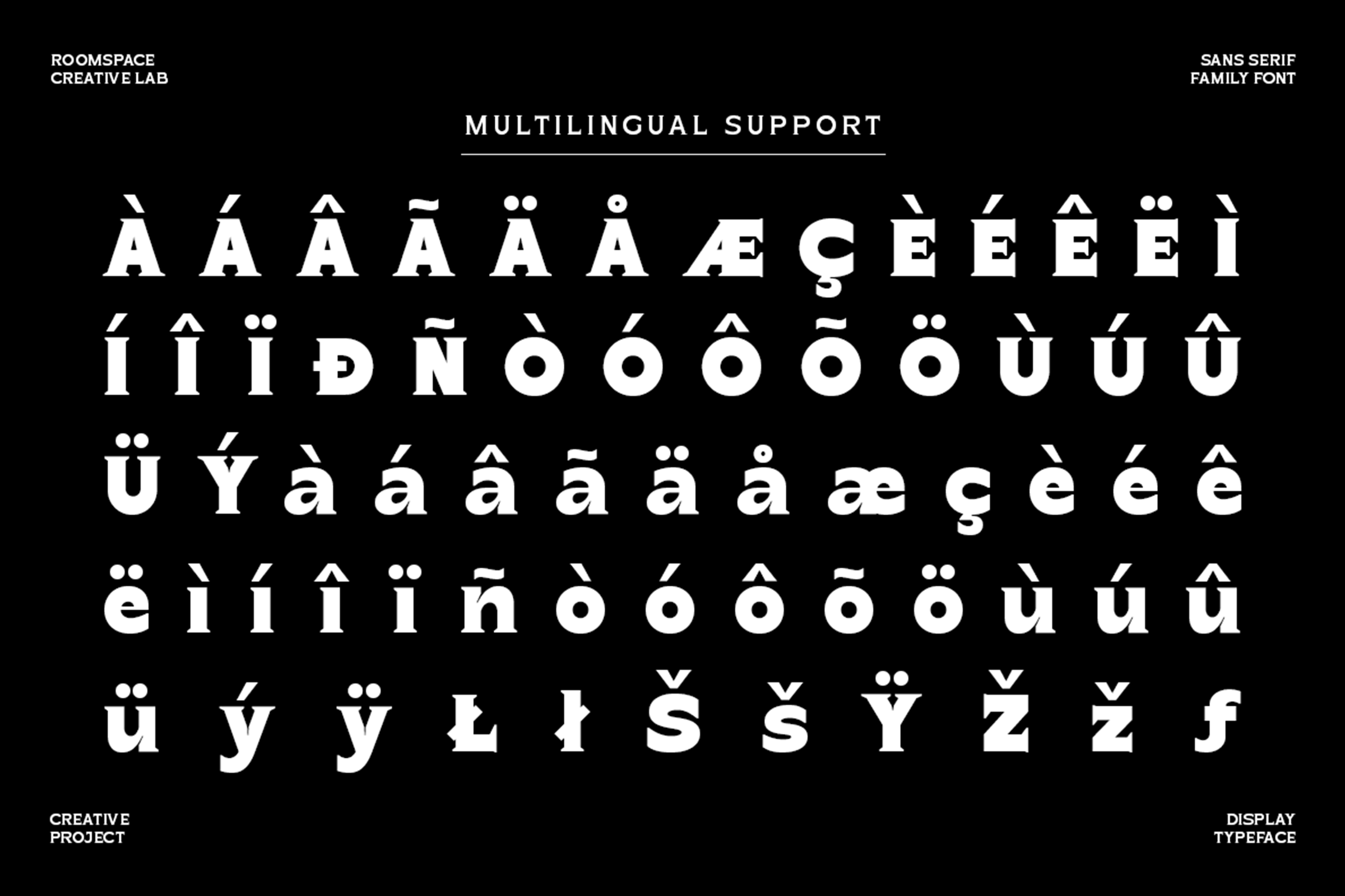 Sans serif typeface showing multilingual diacritical marks across multiple languages on black background
